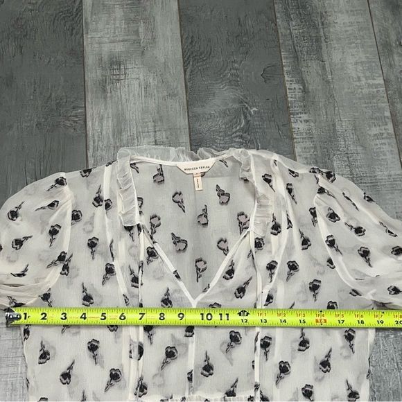 Rebecca Taylor Boho 100% Silk Chiffon Ruffle Ivory Black Floral Peasant Top S - Picture 15 of 16